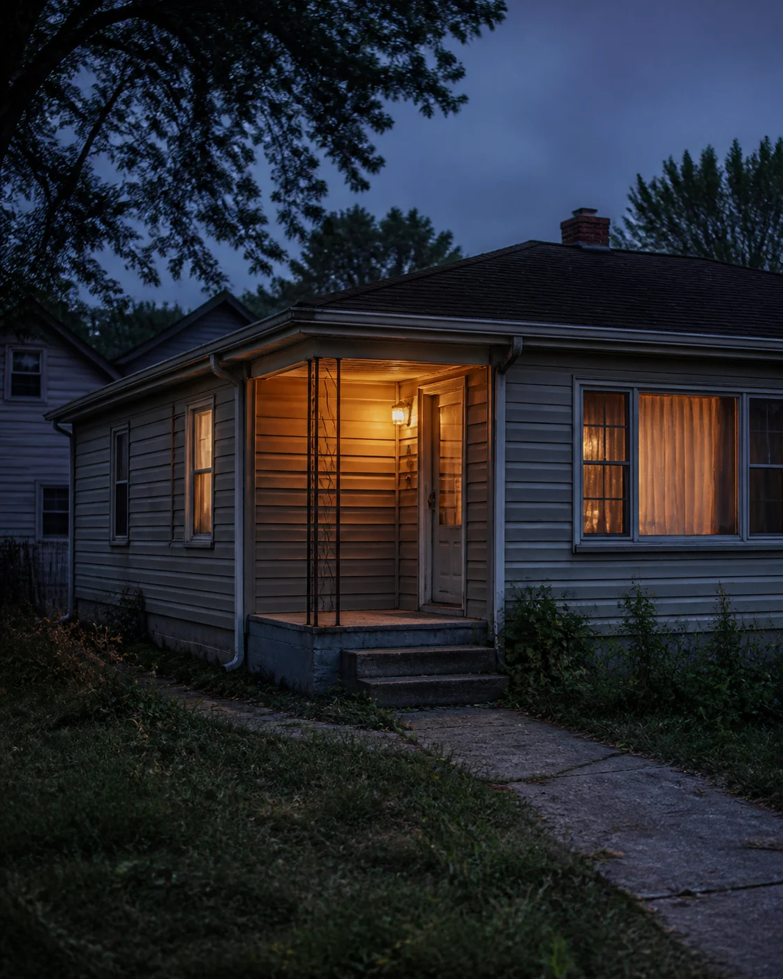 An older home with deferred maintenance illuminated at blue hour